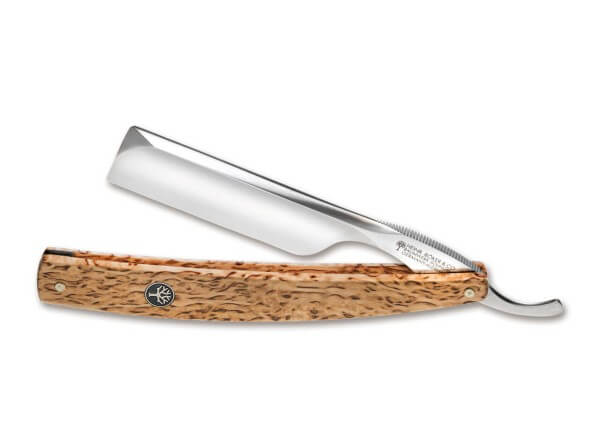 Straight Razor, Brown, Carbon Steel, Curly Birch Wood