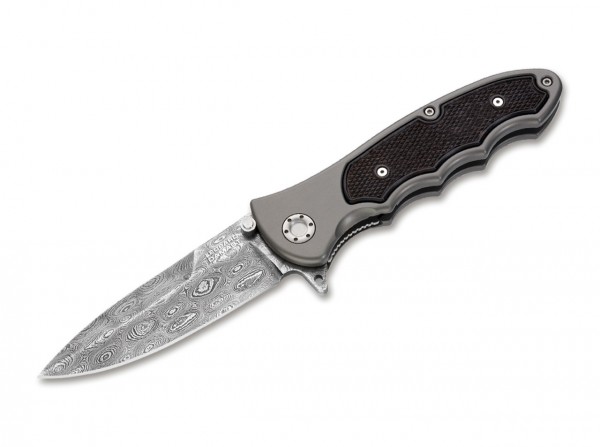 Pocket Knife, Brown, Flipper, Linerlock, Damascus, Aluminum