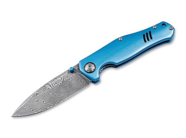 Pocket Knife, Blue, Thumb Stud, Linerlock, Damascus, Aluminum
