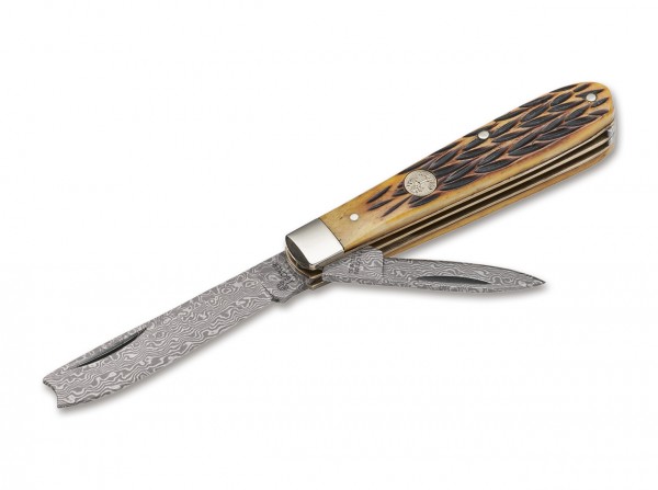 Pocket Knife, Brown, Nail Nick, Damascus, Jigged Bone
