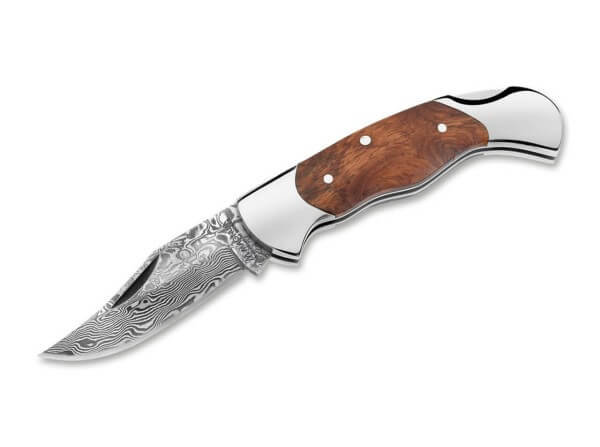 Pocket Knife, Brown, Backlock, Damascus, Burl Wood