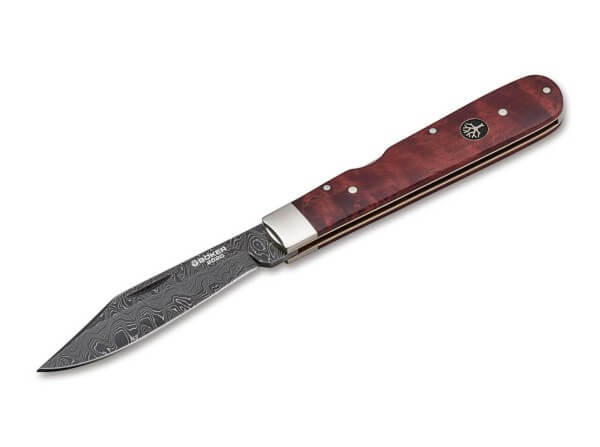 Pocket Knife, Red, Nail Nick, Backlock, Damascus, Curly Birch Wood