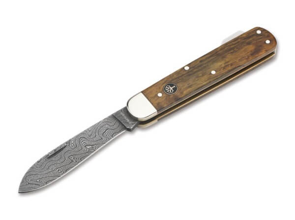 Pocket Knife, Brown, Nail Nick, Backlock, Damascus, Curly Birch Wood
