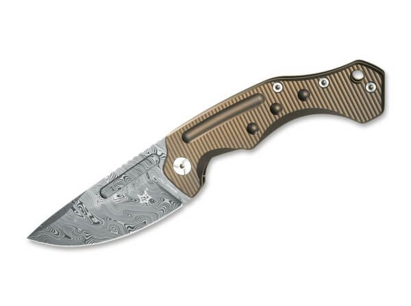 Pocket Knife, Desert Tan, Thumb Hole, Framelock, Damascus, Titanium